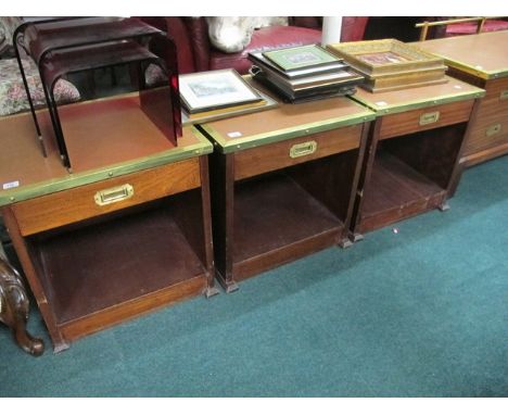 A MAHOGANY AND BRASS BOUND END TABLE of square outline the shaped moulded top with frieze drawer above an open shelf on mould