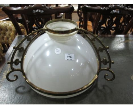 A VICTORIAN BRASS AND OPALINE GLASS CENTRE LIGHT with scroll arms