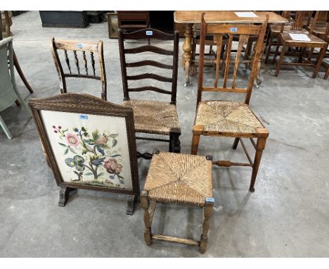 Three rush seated chairs, a stool and a firescreen (5)