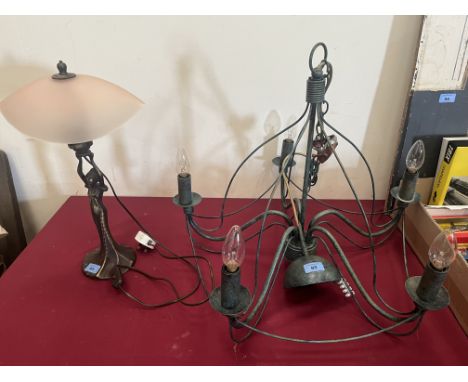 A hanging lamp and an Art-Nouveau style figural table lamp