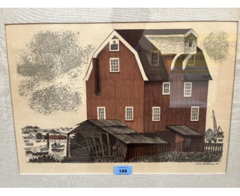 DAVID WILLIAM GENTLEMAN. BRITISH Bn. 1930 A quayside watermill. Signed and dated '66. Woodblock print 12½' x 18'