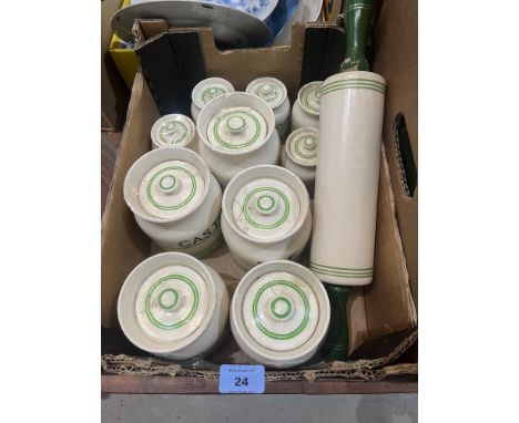 A box of Sadler Kleen Kitchen Ware storage jars and rolling pin