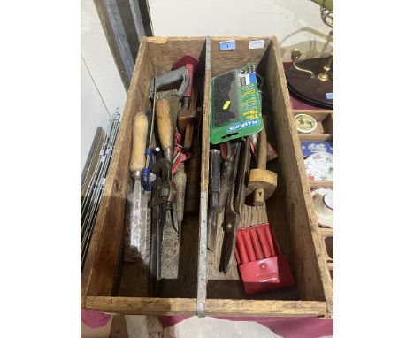 A pine tray of miscellaneous tools