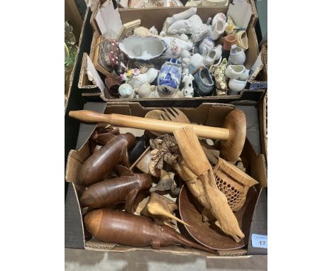 A box of treen animals and two boxes of ceramic animals etc.