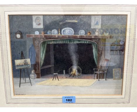 WALTER JOHN KNEWSTUB. BRITISH 1831-1906 Room interior with fireplace and painting on an easel. Signed. Watercolour 9' x 12¼'