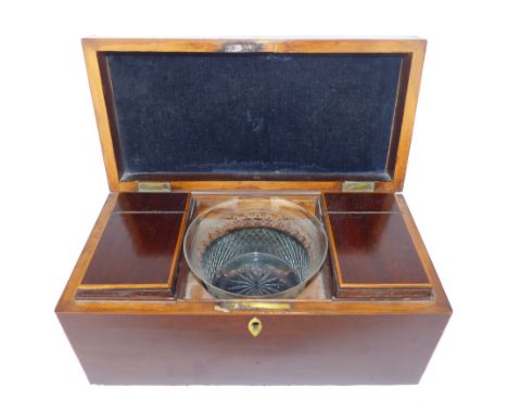 George IV boxwood strung mahogany tea caddy with twin lidded interior, 29cm W. 
