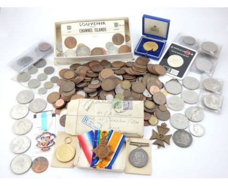 Collection of medals, coins and crowns to include a first war trio awarded to Cpl A Stammers R.A.M.C, American quarter, half 