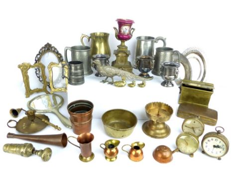 Collection of Victorian and later metalware to include a Walker and Hall cream jug, Indian spice grinder, rectangular brass t