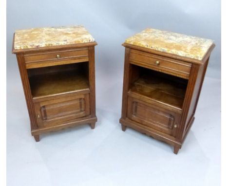 Pair of continental walnut bedside cabinets, mid 20th C, green and purple variegated marble tops, drawer above open shelf and