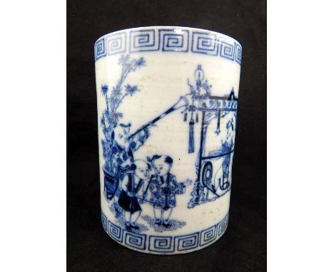 Chinese brush pot, blue and white glaze, Greek key bands with studies of children and adults playing musical instruments, cha