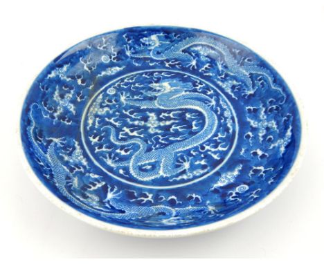 Chinese blue & white plate, decorated with five dragons chasing the flaming pearl, two rings, six blue ink marks to base, 24.