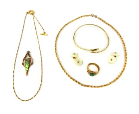 Collection of 9ct and yellow metal jewellery comprising dolphin head bangle, two chains, dress ring and pendant and a pair of