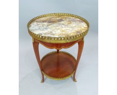 Kingwood drinks table, pierced brass guard rail to circular variegated marble top, brass leaf decoration to shoulders, taperi