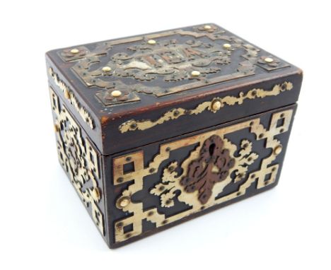 Anglo-Indian tea caddy, strap work decoration and ivorine details, 11cm h 15cm w