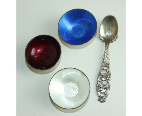 Three Danish silver and enamel salts: two, one blue, one white, by Egon Lauridsen and a red enamelled salt by Meka, also a sp