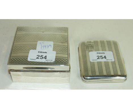 A silver cigarette box of square form with engine turned decoration, London 1921 and a silver cigarette case with similar dec