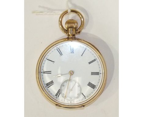 Omega, a gent's open-face keyless pocket watch, the white enamel dial with seconds subsidiary and Roman numerals, the engine-