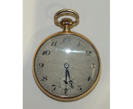 A 9ct gold cased keyless open face pocket watch, the engine turned silvered face with Arabic numerals and seconds subsidiary,