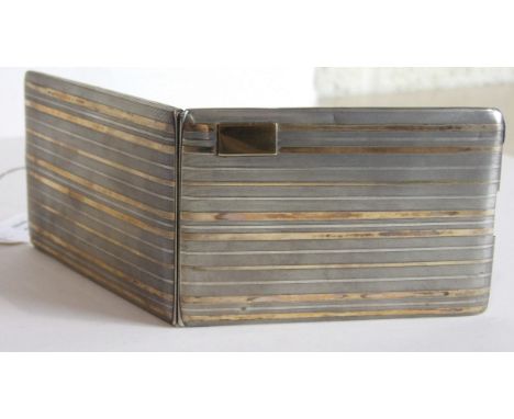 Tiffany & Co, a silver rectangular cigarette case decorated with bands of 14k gold,  with gilt interior, marked Sterling and 