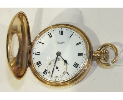 J W Benson, a 9ct rose gold half hunter keyless pocket watch, the white enamel dial with Roman numerals and seconds subsidiar