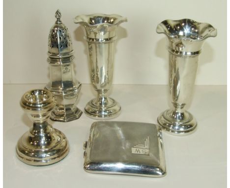 A small silver sugar caster of octagonal form, Birmingham 1911 (af), an engine turned silver cigarette case, Birmingham 1939,
