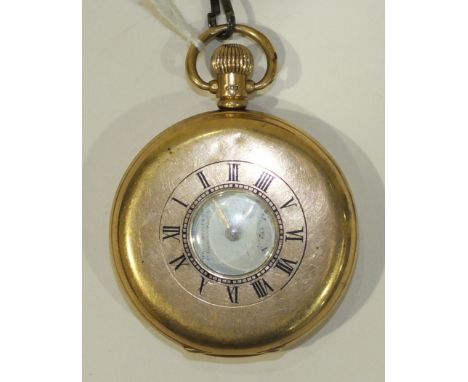 Omega, a 9ct gold half hunter cased keyless pocket watch, the white enamel dial with Arabic numerals and seconds subsidiary, 