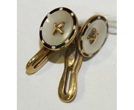 A pair of 15ct gold cufflinks of mother of pearl button form with enamelled borders, marked 585.