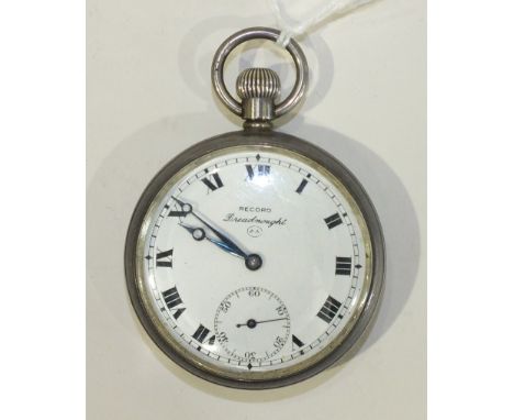 A Record 'Dreadnought' silver-cased keyless pocket watch with white enamel dial, Roman numerals and seconds subsidiary.