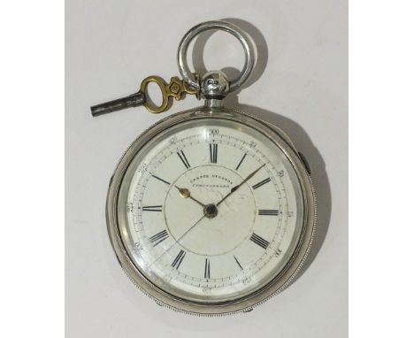 A silver cased centre seconds chronograph, the white enamel dial with Roman numerals, outer timing divisions and minute track