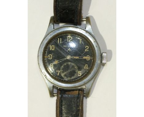 Record, a military wrist watch, the black dial with Arabic numerals, seconds subsidiary and marked Record and an arrow, the b