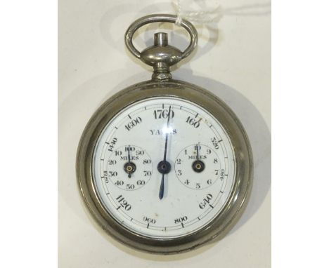A late 19th/early 20th century French pocket pedometer, the white enamel dial marked for yards, with two subsidiaries: miles1