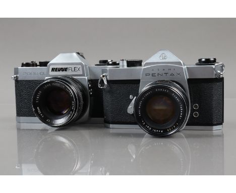 Two SLR Cameras, an Asahi Pentax SL, shutter working, self timer working, body G, with Super Takumar 55mm f/2 lens, elements 