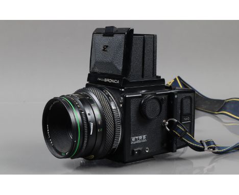 A Zenza Bronica ETRS Camera, serial no 7156654, shutter working, body G, light wear, with Zenzanon E II 75mm f/2.8 lens, shut