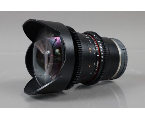 A Samyang 14mm T/3.1 ED AS IF UMC II Video Lens, Sony E mount, barrel VG, elements F-G, some spotting to front elements, part