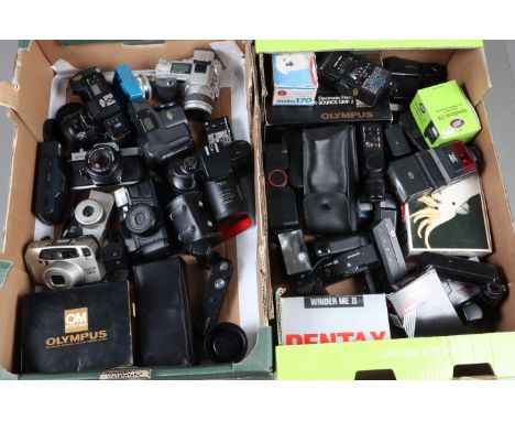 Two Trays of Cameras and Related Items, including a Pentax Espio 160, a Pentax Zoom 70, a Canon MC, an Olympus Multi AF compa