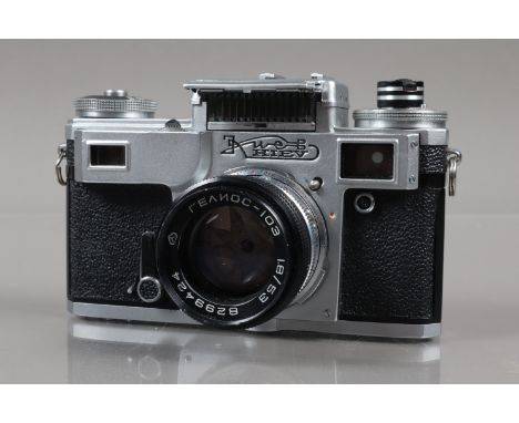 A Kiev 4m Rangefinder Camera, shutter working, self timer working, rangefinder functions, body G, with 53mm f/1.8 lens, barre