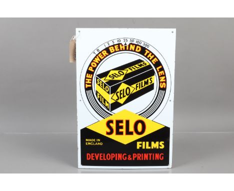 A Selo Film Enamel Advertising Sign, The Power Behind the Lens, 20.5 x 14in, light chips to edges, otherwise G 