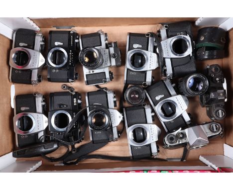 A Tray of Asahi Pentax Cameras, a Honeywell Spotmatic, with Auto Takumar 55mm lens, an ES II body, black, with a Super Takuma