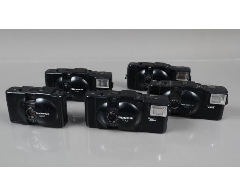 Five Olympus XA1 Compact Cameras, four with working shutters &amp; responsive light cells, bodies G, elements G, one AF, with