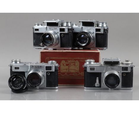 Four Kiev Rangefinder Cameras, a  Kiev 4A, Kiev III, self timer not working, a Kiev IIIA, a Kiev 4, shutters fire, otherwise 