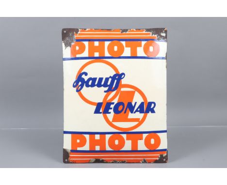 A Hauf Leonar Photo Advertising Enamel Sign, convex sign, 19 x 15in, some damage to enamel to edges &amp; mounting holes, oth