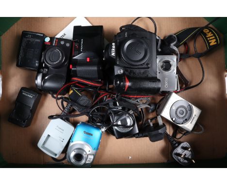 Various Cameras, a Nikon D70s DSLR camera body, body P, tacky, powers up, shutter working, with battery &amp; charger, a Pent