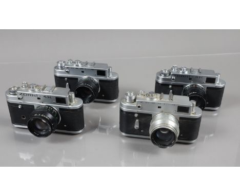 Four Zorki Rangefinder Cameras, two Zorki 4, one shutter not working, other shutter working, self timer working and two Zorki