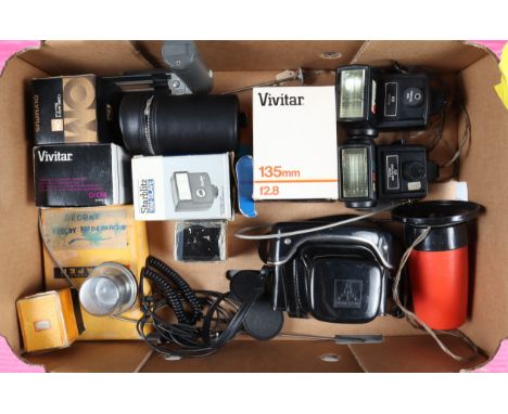 A Tray of Camera Related Items, including a F Zuiko 50mm f/1.8 lens, barrel G, elements G-VG, with caps, in maker's box, a Pr