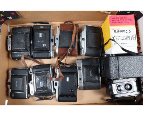 A Tray of Folding and Box Cameras, including an Ensign 220 Auto Range, shutter sluggish on slow speeds, rangefinder functions