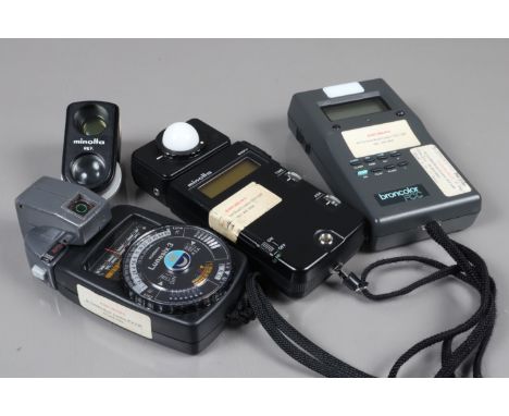 Three Light Meters, a Minolta Flash Meter III, powers up, meter responsive, a Gossen Lunasix 3, with tele attachment, meter r