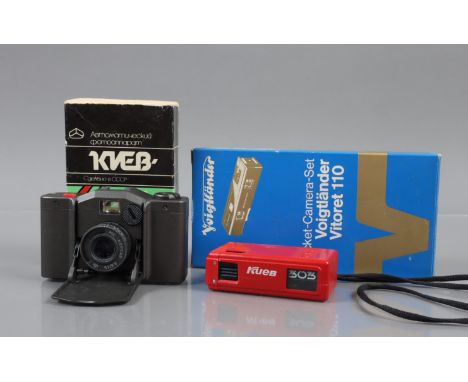 Two Soviet Compact Cameras, a Keiv 303 sub miniature camera, shutter working, G, a Kiev 35A Automatic compact camera, shutter