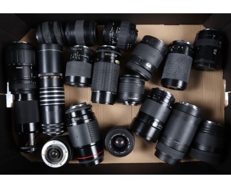 A Tray of Zoom Lenses, various mounts and focal lengths, auto &amp; manual focus, auto focus untested, manufactures include, 