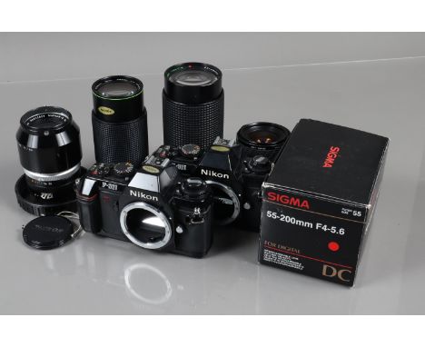 Nikon SLR Camera Bodies &amp; Lenses, two Nikon F-301 bodies, untested, bodies G, a Nippon Kogakau Nikkor-Q 135mm f/3.5 Ai le