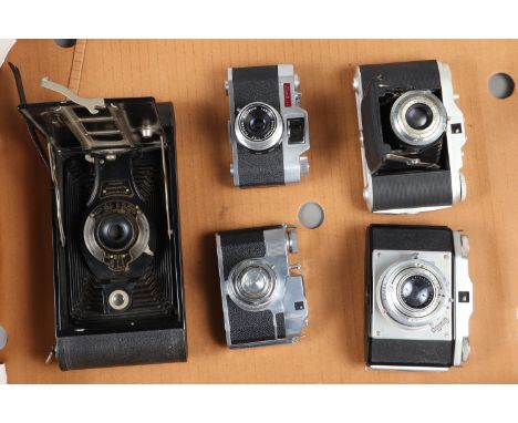 Folding and Other Cameras, a Kodak no 3A folding autographic Brownie, an Agfa Isolette, a GuGo viewfinder camera, a Pal Jr an
